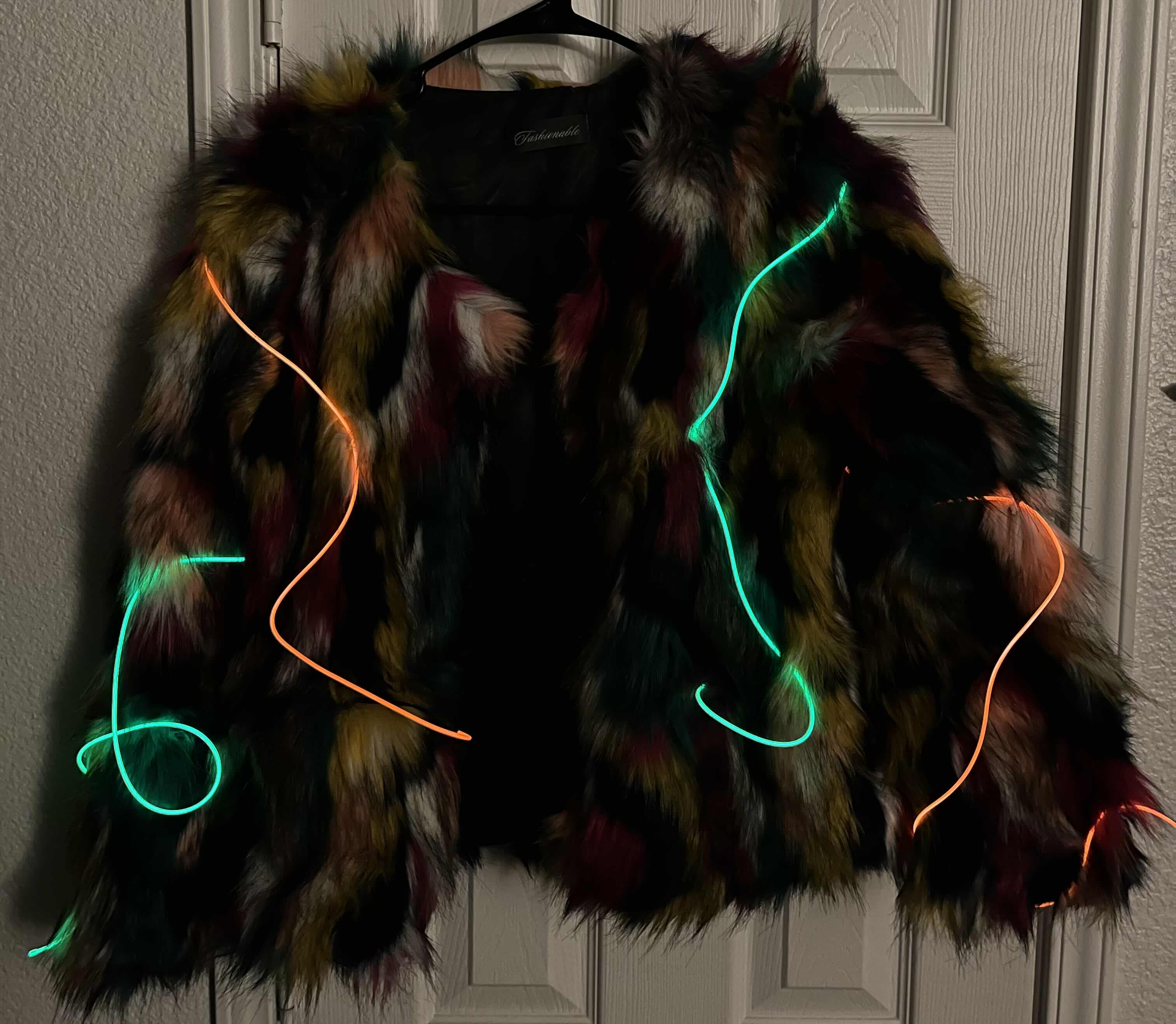 Photo 2 of FASHIONABLE RAVE SPRAY PAINT RAINBOW FUR COAT W LED STRING LIGHTS WOMENS SM/MED