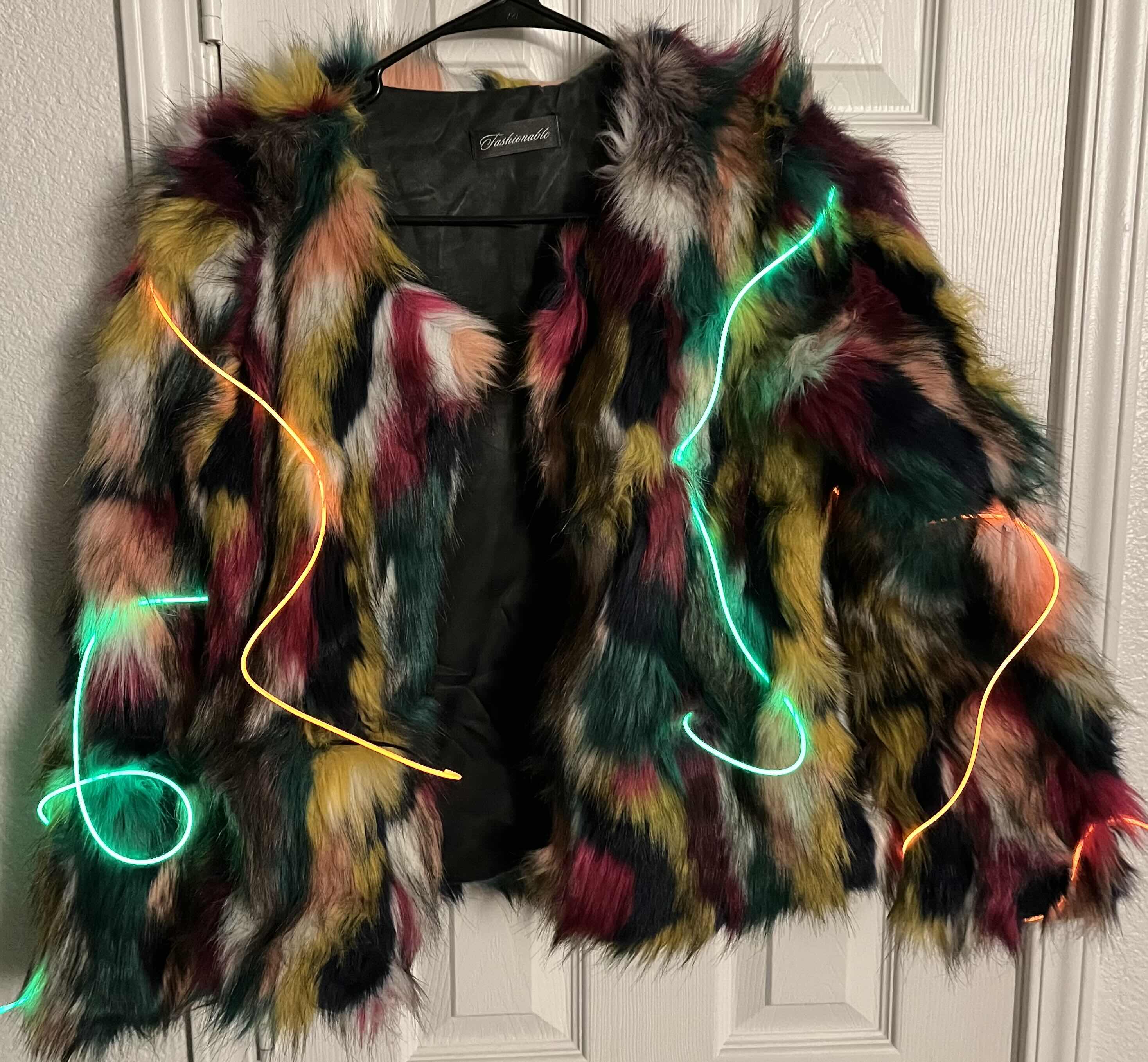 Photo 1 of FASHIONABLE RAVE SPRAY PAINT RAINBOW FUR COAT W LED STRING LIGHTS WOMENS SM/MED