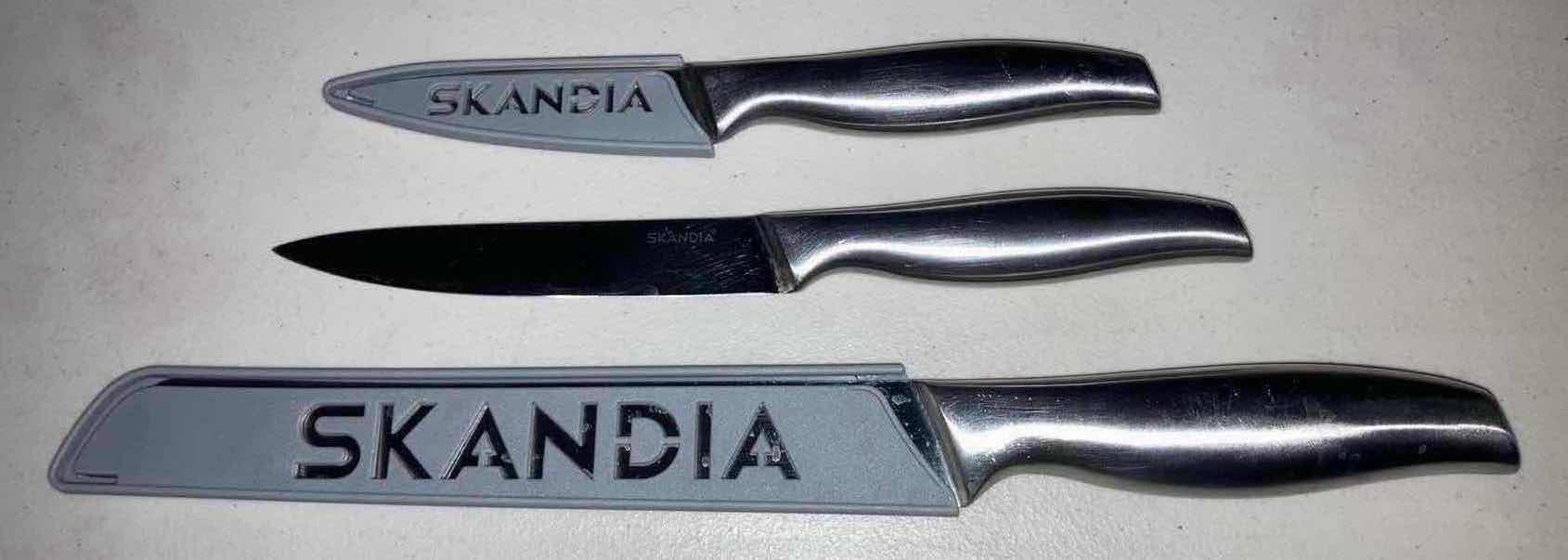 Photo 1 of SKANDIA CUTLERY STAINLESS STEEL KNIVES W BLADE GUARDS (3)