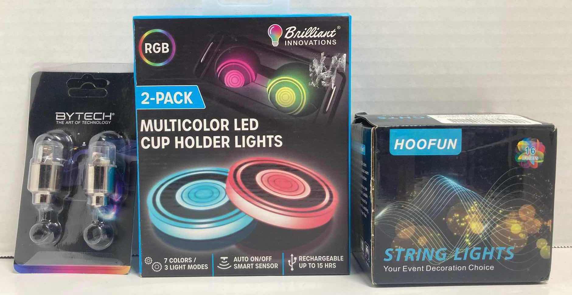 Photo 1 of BYTECH WHEEL LIGHTS, BRILLIANT MULTICOLOR LED CUP HOLDERS & HOOFUN BATTERY OPERATED SYRING LIGHTS