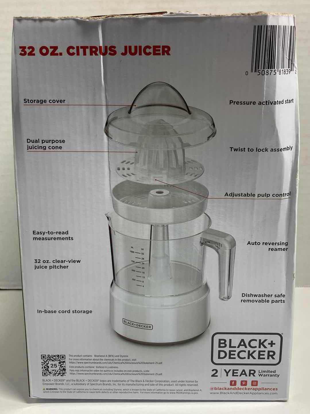 Photo 3 of BLACK & DECKER 32OZ CITRUS JUICER W DUAL PURPOSE CONE