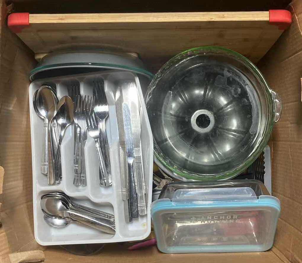 Photo 1 of CONTENTS OF BOX- CUTTING BOARD, BAKING DISHES, FLATWARE & KITCHEN ACCESSORIES