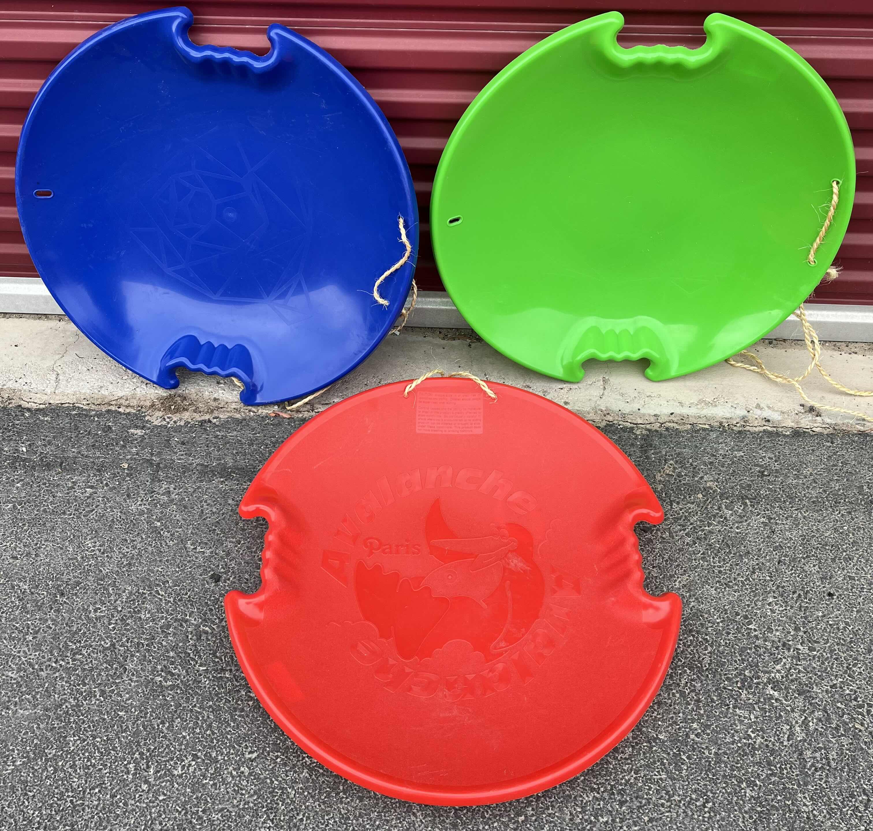 Photo 1 of AVALANCHE BLUE, GREEN & RED 26? PLASTIC DISC SNOW SLEDS