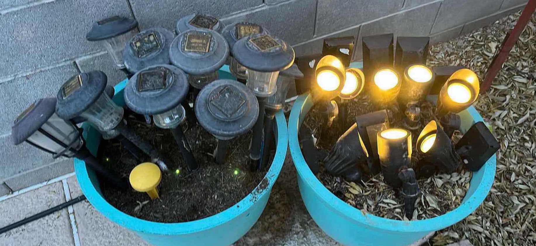 Photo 2 of LANDSCAPE LIGHTS (20) W OUTDOOR PAINTED TEAL PLASTIC PLANTERS (2) 22” X 16.5”