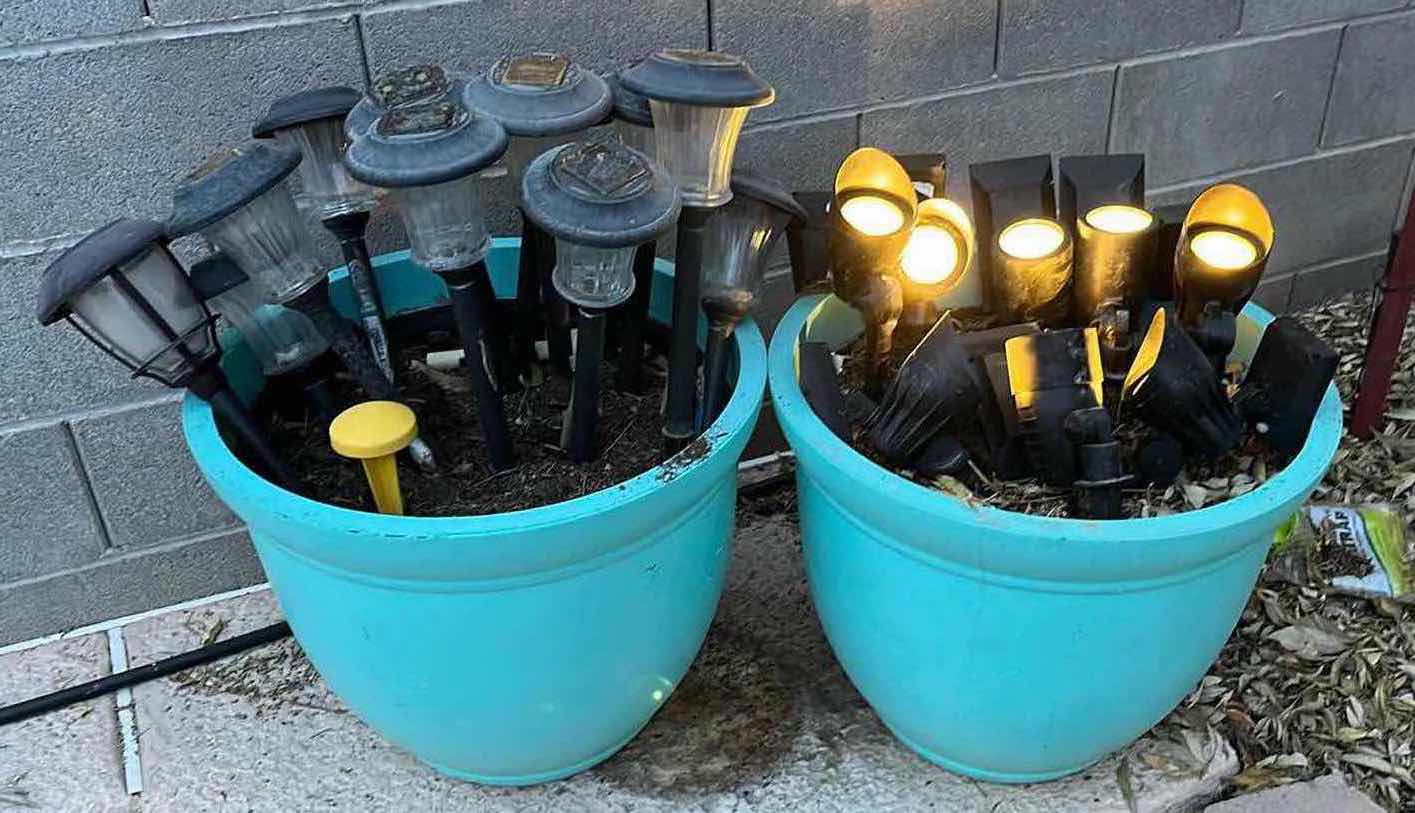 Photo 1 of LANDSCAPE LIGHTS (20) W OUTDOOR PAINTED TEAL PLASTIC PLANTERS (2) 22” X 16.5”