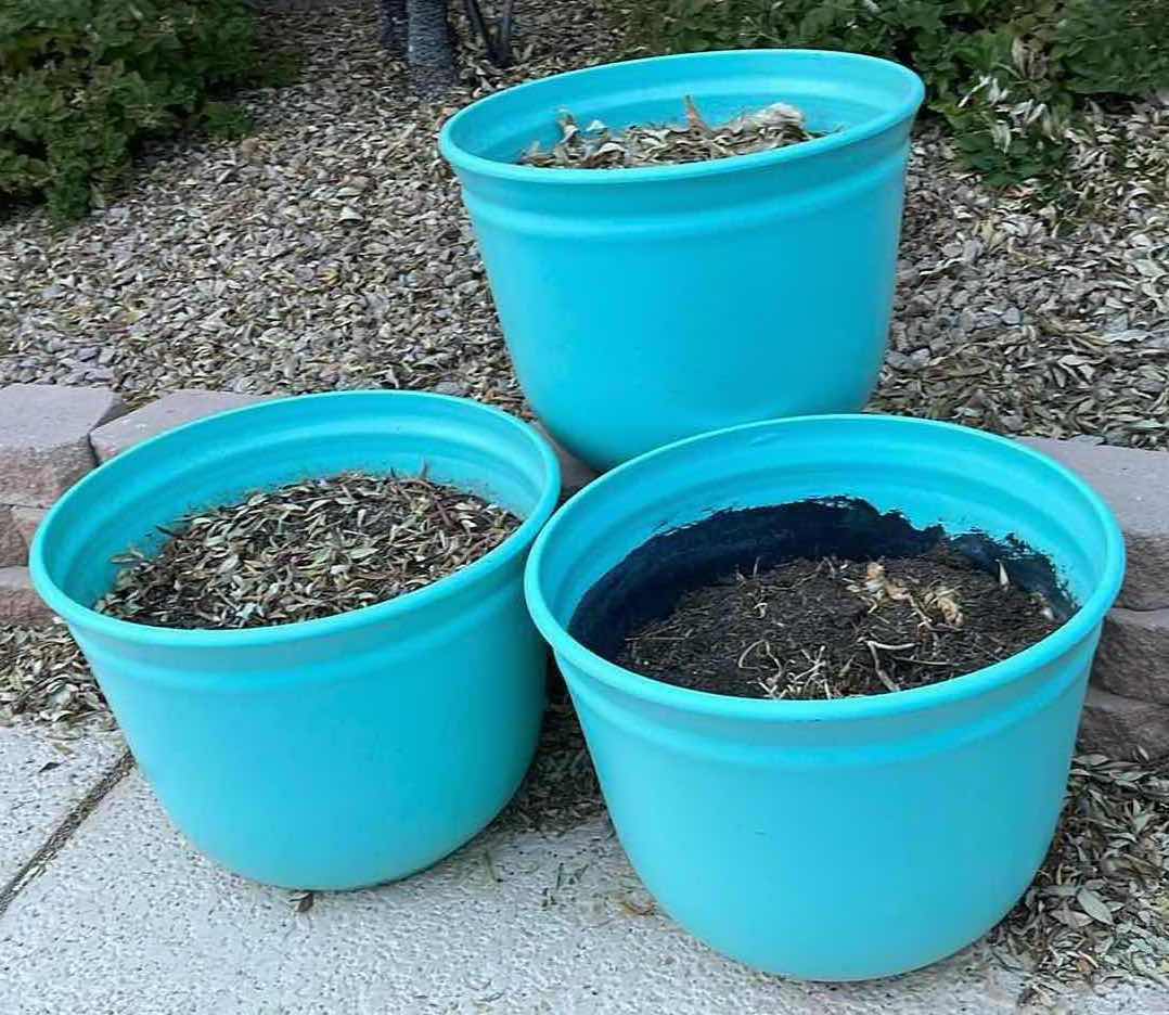 Photo 1 of OUTDOOR PAINTED TEAL PLASTIC PLANTERS (3) 22” X 16.5”