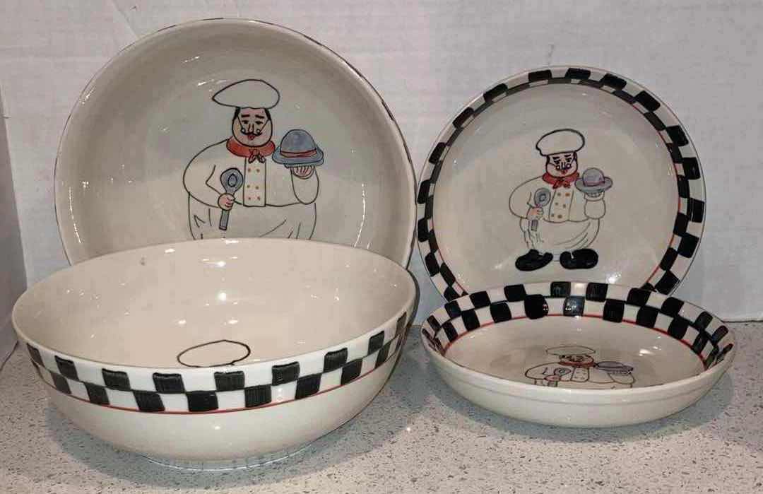 Photo 1 of EMERALD & GODINGER “HAPPY CHEF CHECKERED COLLECTION” 8.5” & 10” CERAMIC SERVING BOWLS (SET OF 4)