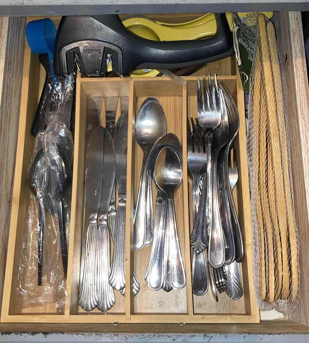 Photo 3 of CONTENTS OF DRAWER- FLATWARE, WOODEN SPOONS & TRAY