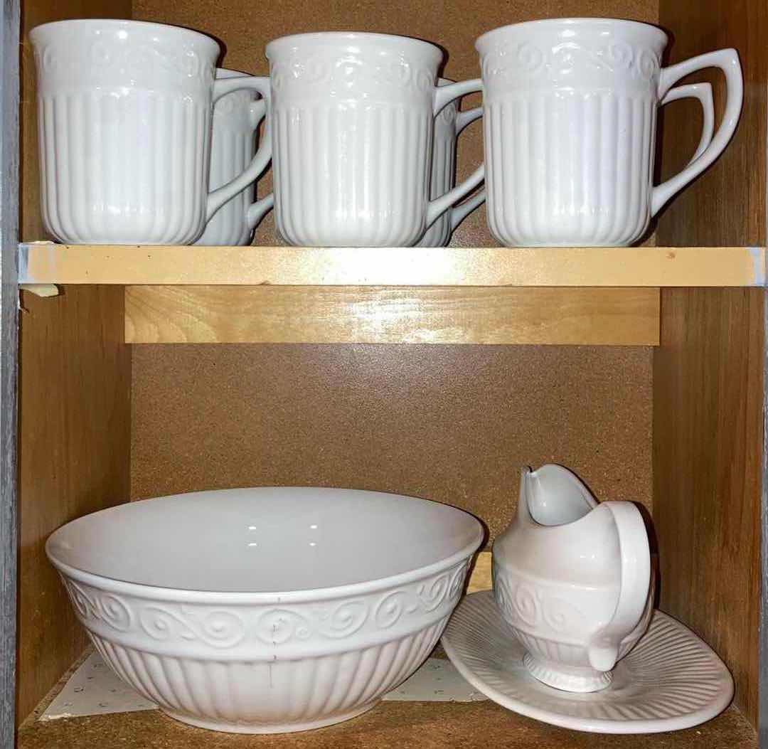 Photo 1 of CONTENTS OF CABINET- GIBSON WHITE CERAMIC CUPS, LARGE BOWL & GRAVY DISH