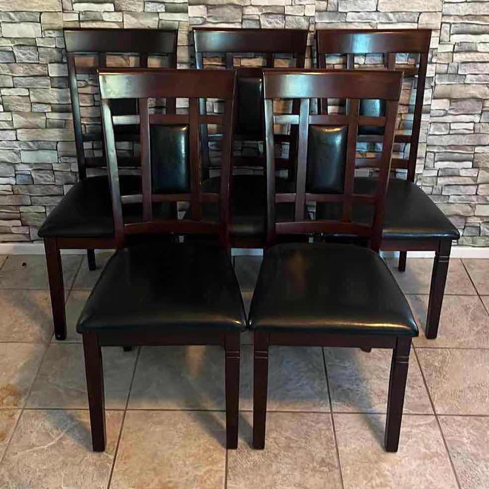 Photo 5 of ASHLEY’S BRASSEX INC DARK BROWN FINISH DINING TABLE 60” X 36” H30” W 5 BLACK LEATHER UPHOLSTERY & DARK BROWN FINISH CHAIRS MODEL 597-17ESP