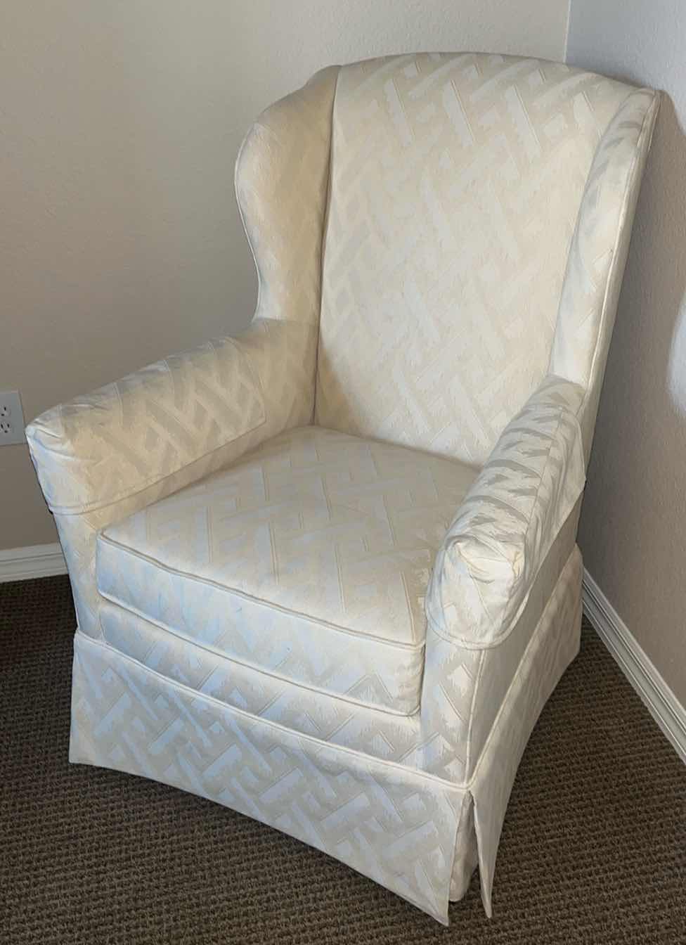 Photo 1 of VINTAGE DREXEL HERITAGE TRADITIONAL UPHOLSTERY WINGBACK CHAIR, CREAM PATTERN 35” X 30” H43”