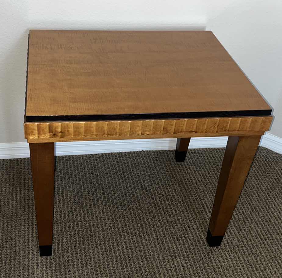 Photo 1 of MID CENTURY MODERN ART-DECO ALTAVISTA LANE TEAK WOOD END TABLE FIGURED MAPLE FLUTED EDGE W BLACK TRIM 22” X 27” H24”