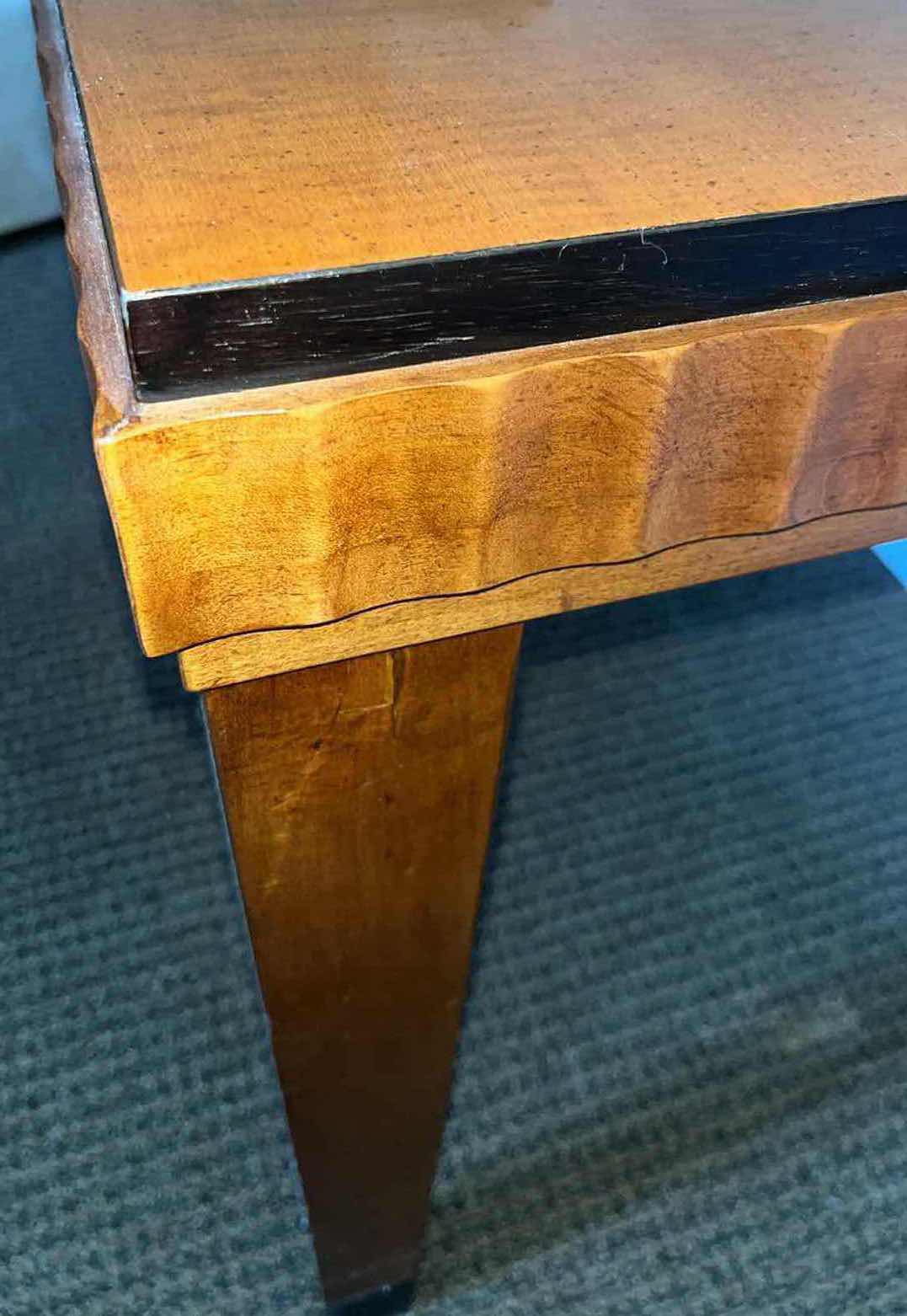 Photo 5 of MID CENTURY MODERN ART-DECO ALTAVISTA LANE TEAK WOOD END TABLE FIGURED MAPLE FLUTED EDGE W BLACK TRIM 22” X 27” H24”