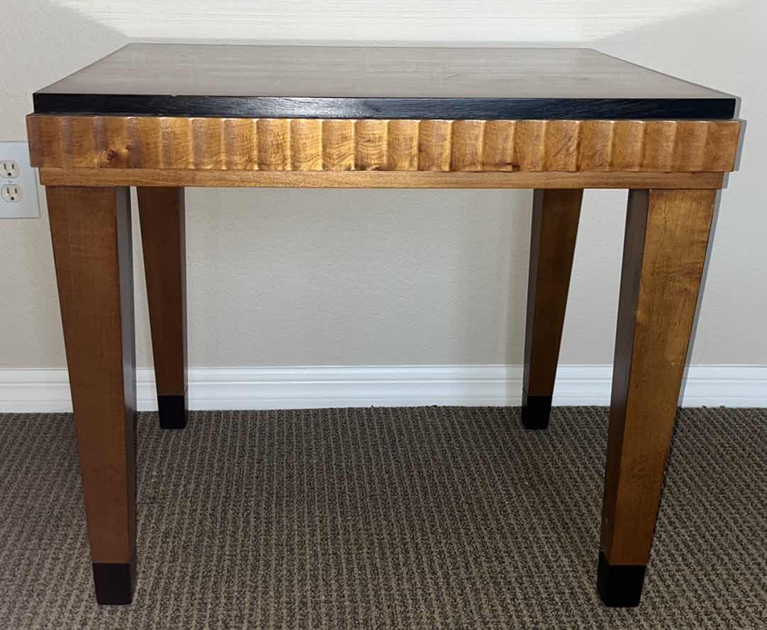 Photo 2 of MID CENTURY MODERN ART-DECO ALTAVISTA LANE TEAK WOOD END TABLE FIGURED MAPLE FLUTED EDGE W BLACK TRIM 22” X 27” H24”