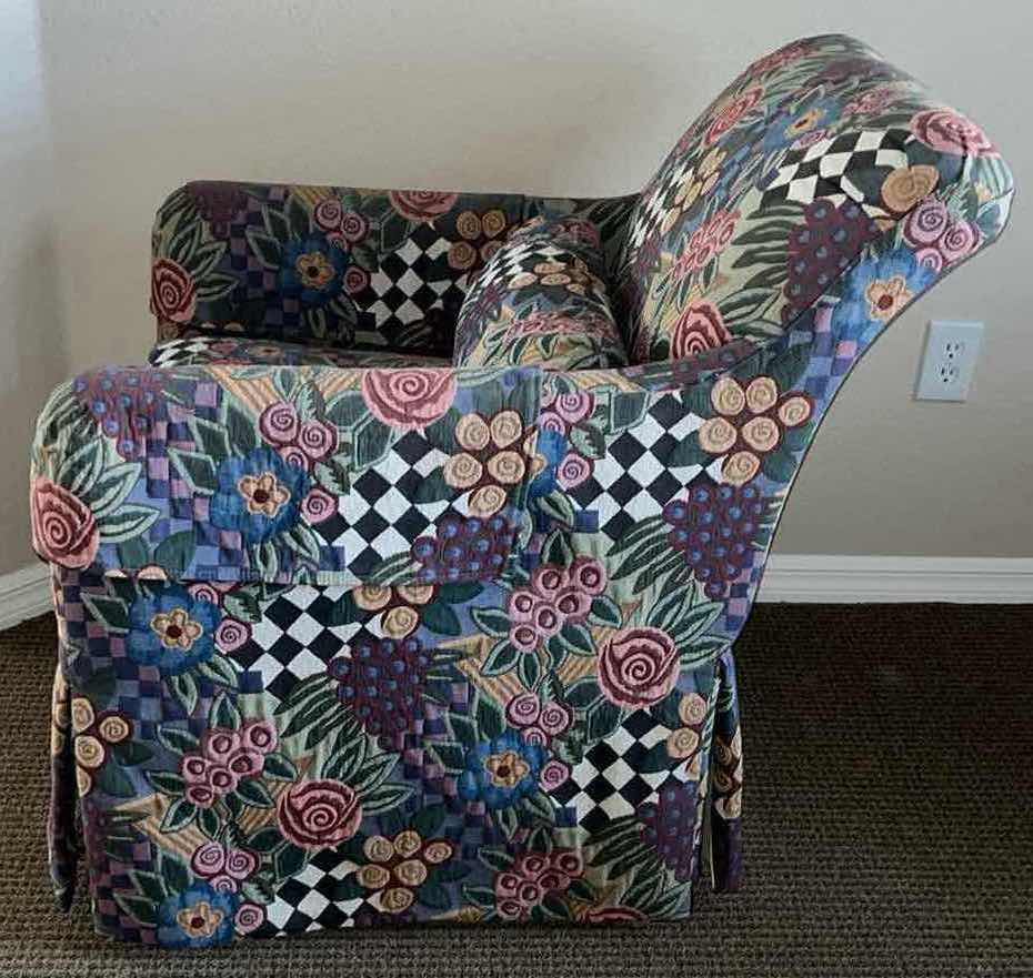 Photo 2 of VINTAGE DREXEL CONTEMPORARY CLASSICS WHIMSICAL CHECKERED FLORAL PATTERNED LOUNGE CHAIR W THROW PILLOW 37” X 29” H36”