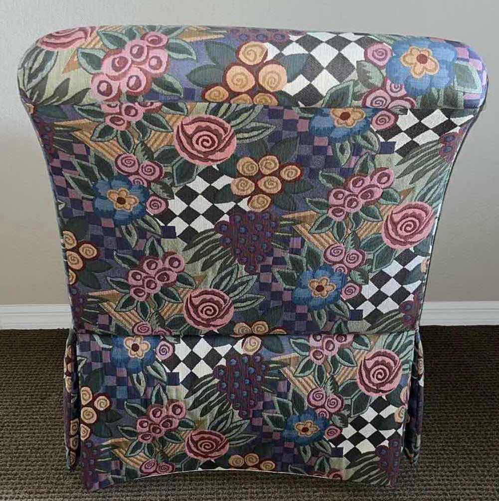 Photo 3 of VINTAGE DREXEL CONTEMPORARY CLASSICS WHIMSICAL CHECKERED FLORAL PATTERNED LOUNGE CHAIR W THROW PILLOW 37” X 29” H36”