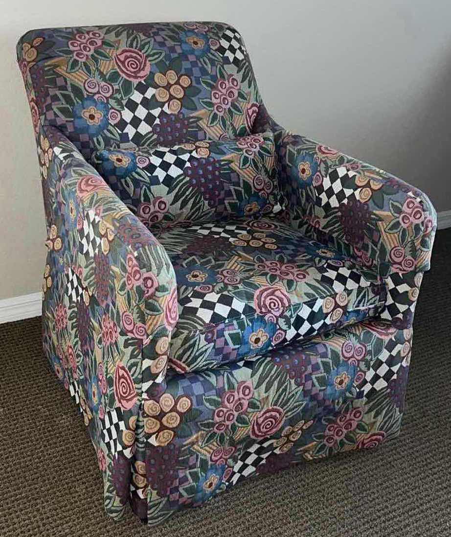 Photo 1 of VINTAGE DREXEL CONTEMPORARY CLASSICS WHIMSICAL CHECKERED FLORAL PATTERNED LOUNGE CHAIR W THROW PILLOW 37” X 29” H36”