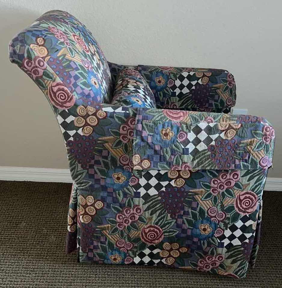 Photo 4 of VINTAGE DREXEL CONTEMPORARY CLASSICS WHIMSICAL CHECKERED FLORAL PATTERNED LOUNGE CHAIR W THROW PILLOW 37” X 29” H36”