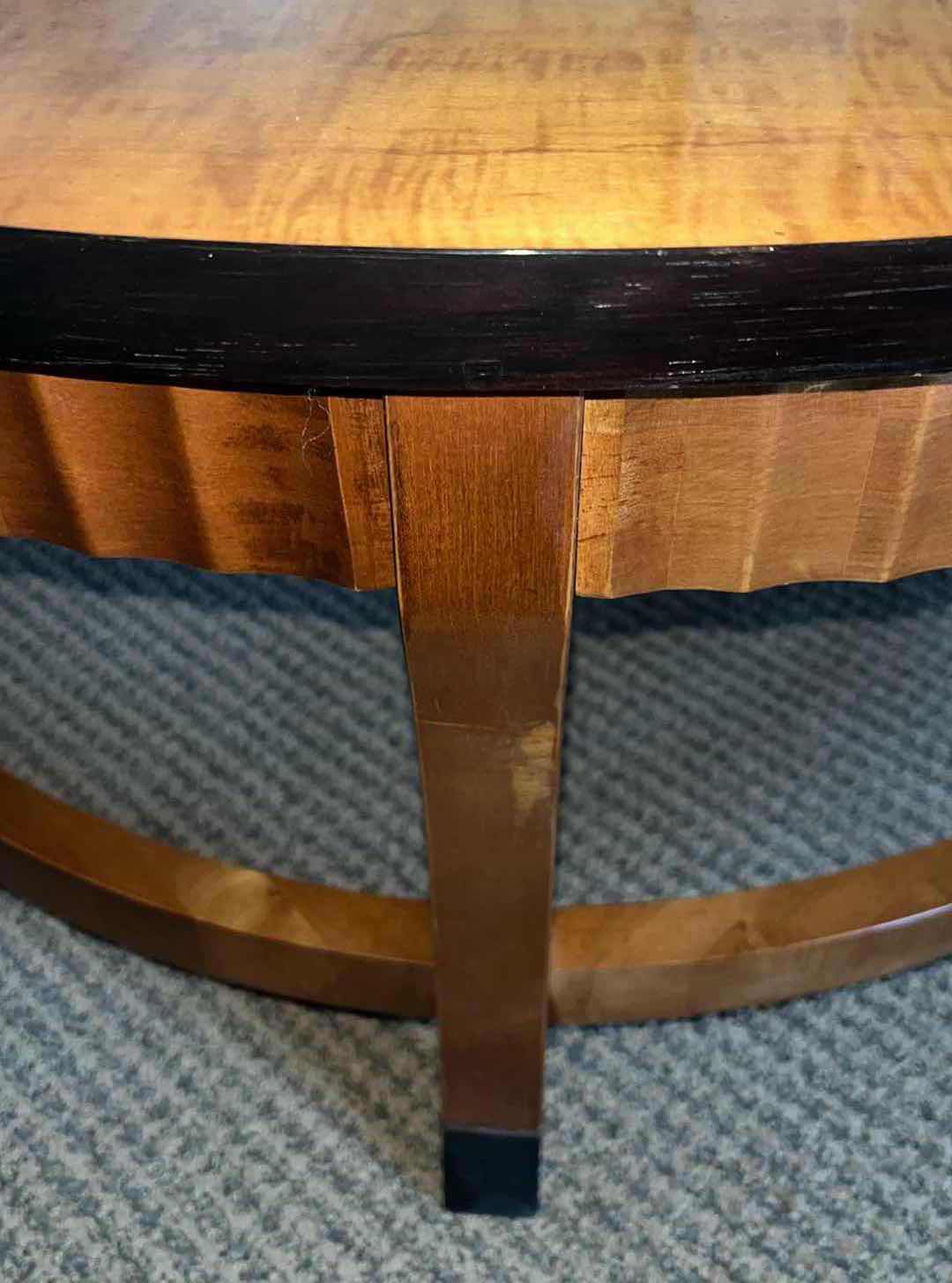 Photo 3 of MID CENTURY MODERN ART-DECO ALTAVISTA LANE TEAK WOOD ROUND ACCENT COFFEE TABLE, MAPLE FLUTED EDGE W BLACK TRIM 38” X 38” H17”