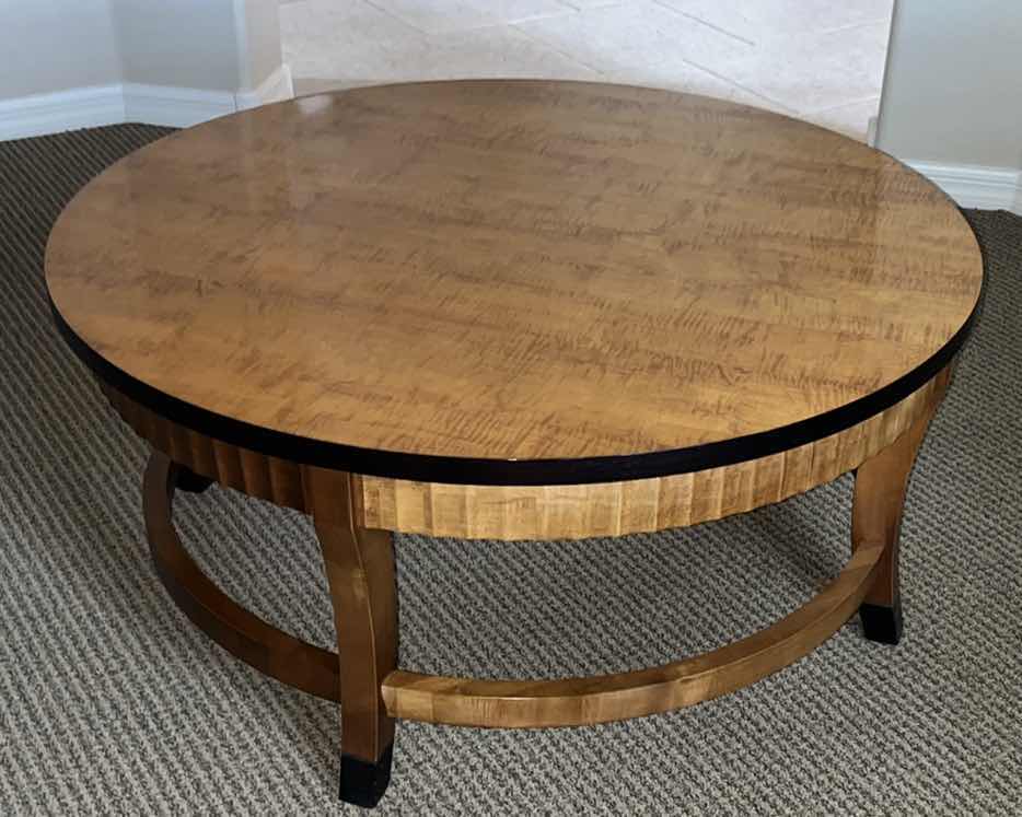 Photo 1 of MID CENTURY MODERN ART-DECO ALTAVISTA LANE TEAK WOOD ROUND ACCENT COFFEE TABLE, MAPLE FLUTED EDGE W BLACK TRIM 38” X 38” H17”