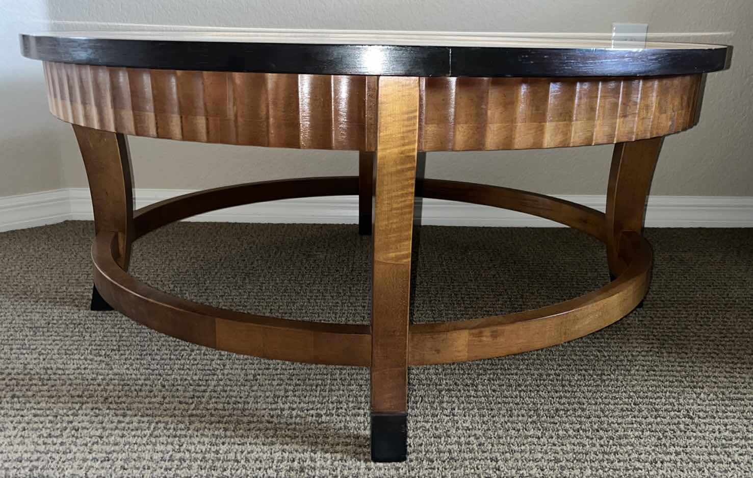 Photo 2 of MID CENTURY MODERN ART-DECO ALTAVISTA LANE TEAK WOOD ROUND ACCENT COFFEE TABLE, MAPLE FLUTED EDGE W BLACK TRIM 38” X 38” H17”