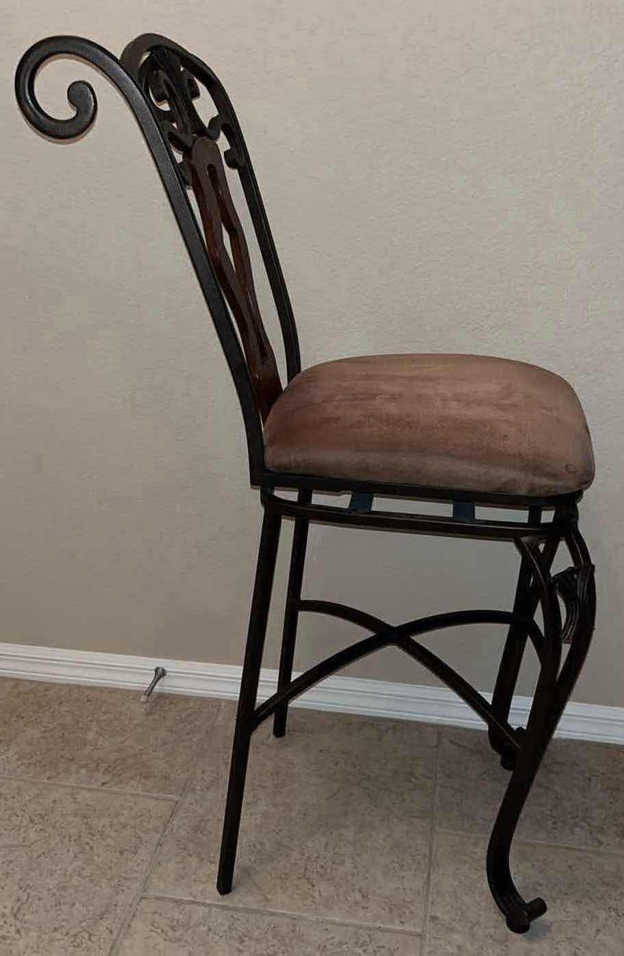 Photo 2 of BRONZE SCROLLED METAL SWIVEL HIGH BACK COUNTER STOOL W FABRIC SEAT & WOOD ACCENTS 25” X 19” H45.5”