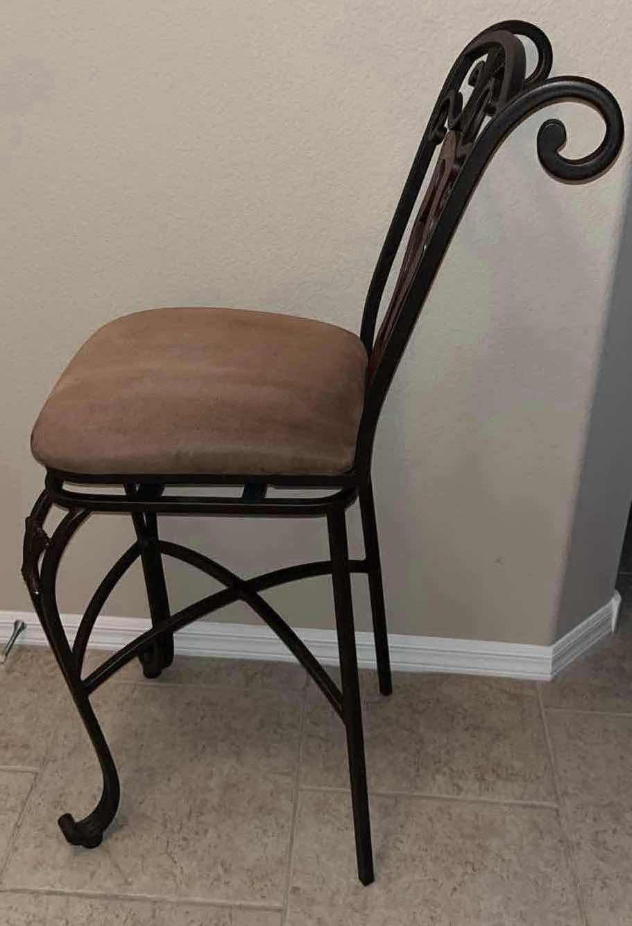 Photo 4 of BRONZE SCROLLED METAL SWIVEL HIGH BACK COUNTER STOOL W FABRIC SEAT & WOOD ACCENTS 25” X 19” H45.5”