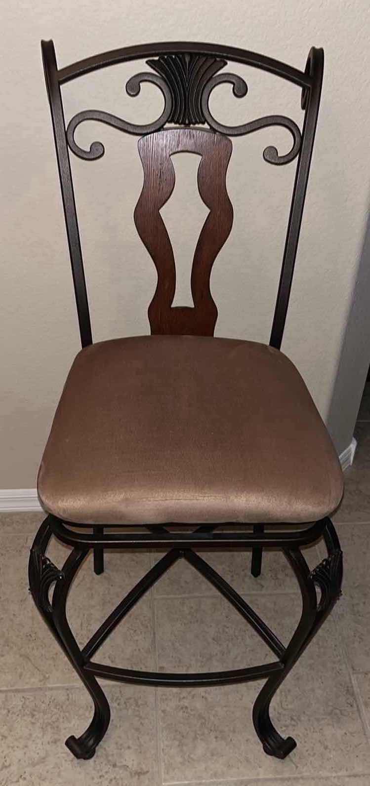 Photo 1 of BRONZE SCROLLED METAL SWIVEL HIGH BACK COUNTER STOOL W FABRIC SEAT & WOOD ACCENTS 25” X 19” H45.5”