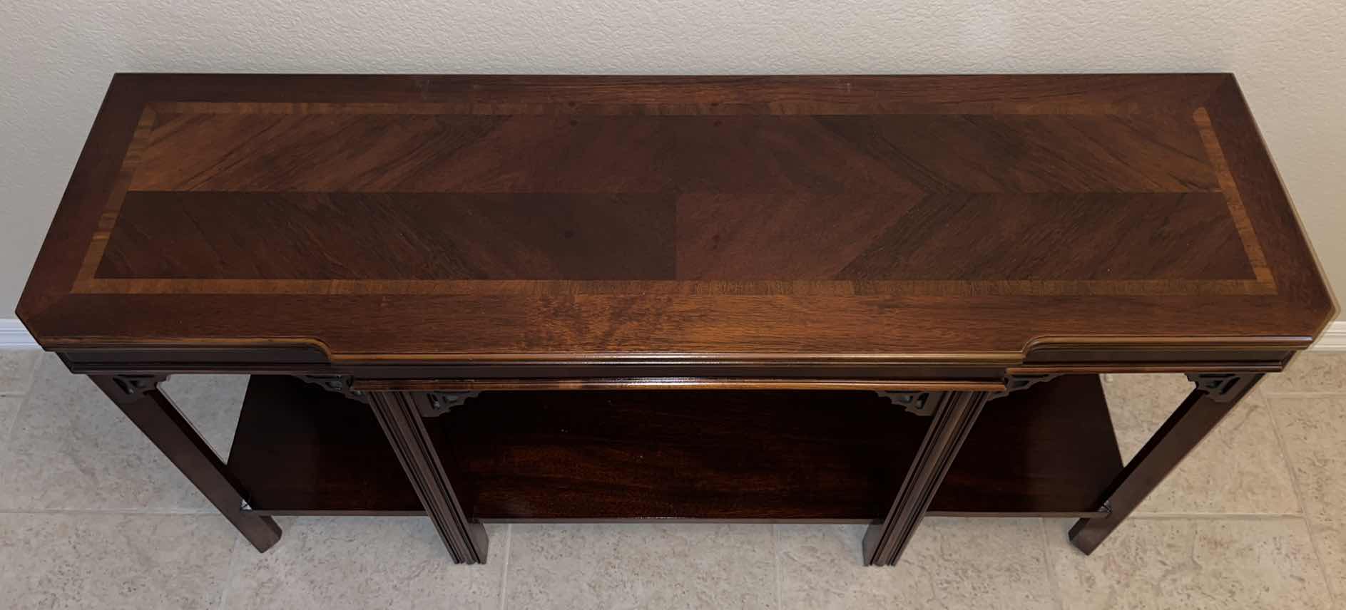 Photo 4 of LANE ALTAVISTA MID CENTURY CHINESE CHIPPENDALE CONSOLE TABLE FRETWORK SHELF INLAY 16” X 54” H26.25”