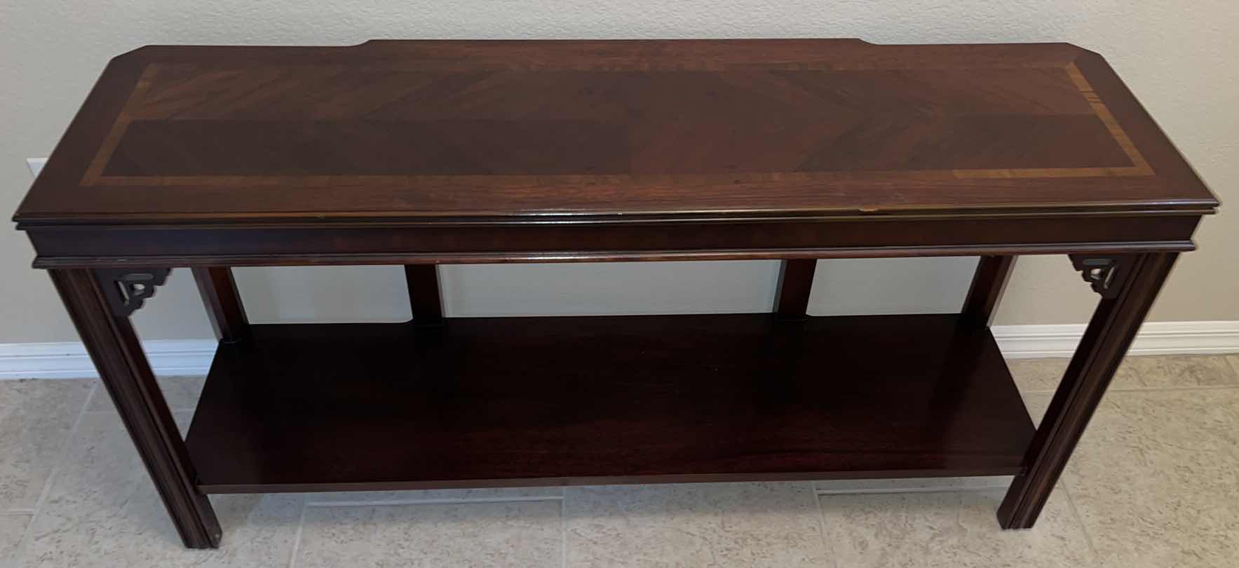 Photo 5 of LANE ALTAVISTA MID CENTURY CHINESE CHIPPENDALE CONSOLE TABLE FRETWORK SHELF INLAY 16” X 54” H26.25”