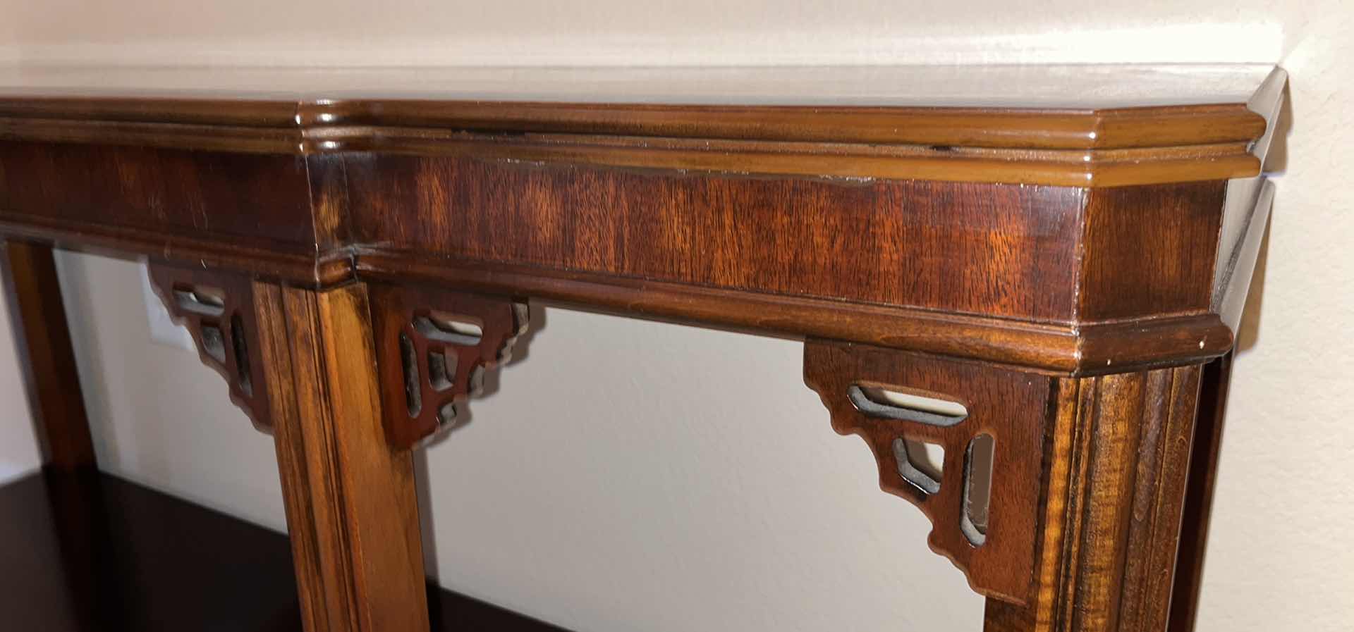 Photo 6 of LANE ALTAVISTA MID CENTURY CHINESE CHIPPENDALE CONSOLE TABLE FRETWORK SHELF INLAY 16” X 54” H26.25”