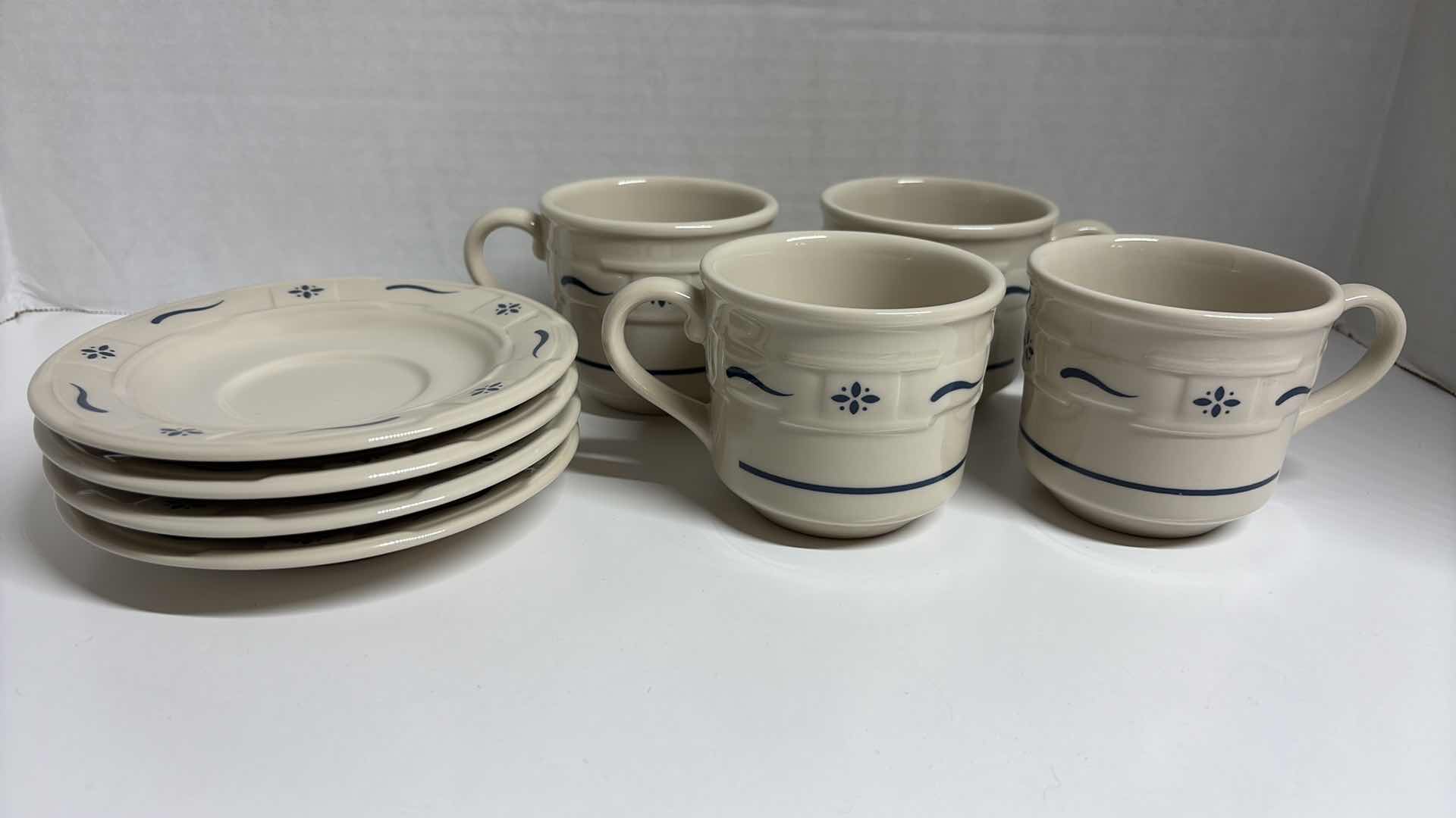 Photo 1 of LONGABERGER POTTERY WOVEN TRADITIONS CLASSIC BLUE FLAT CUP & SAUCER SET (4 SETS)