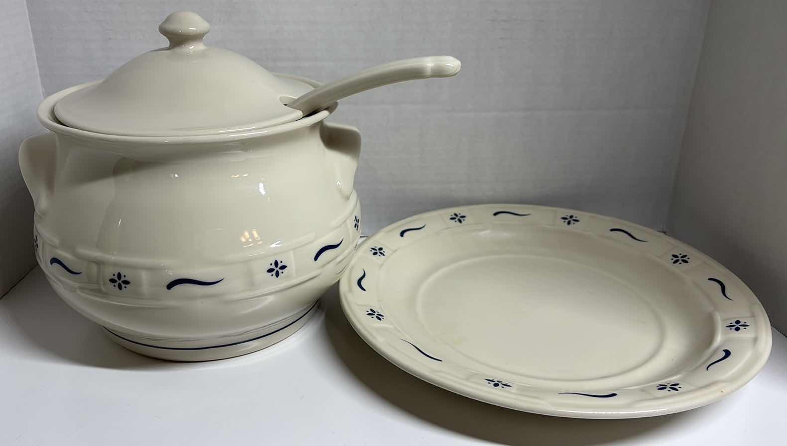 Photo 2 of LONGABERGER POTTERY WOVEN TRADITIONS CLASSIC BLUE TUREEN & LID W LADLE & UNDERPLATE, TUREEN H9.5” & UNDERPLATE 12.5”D