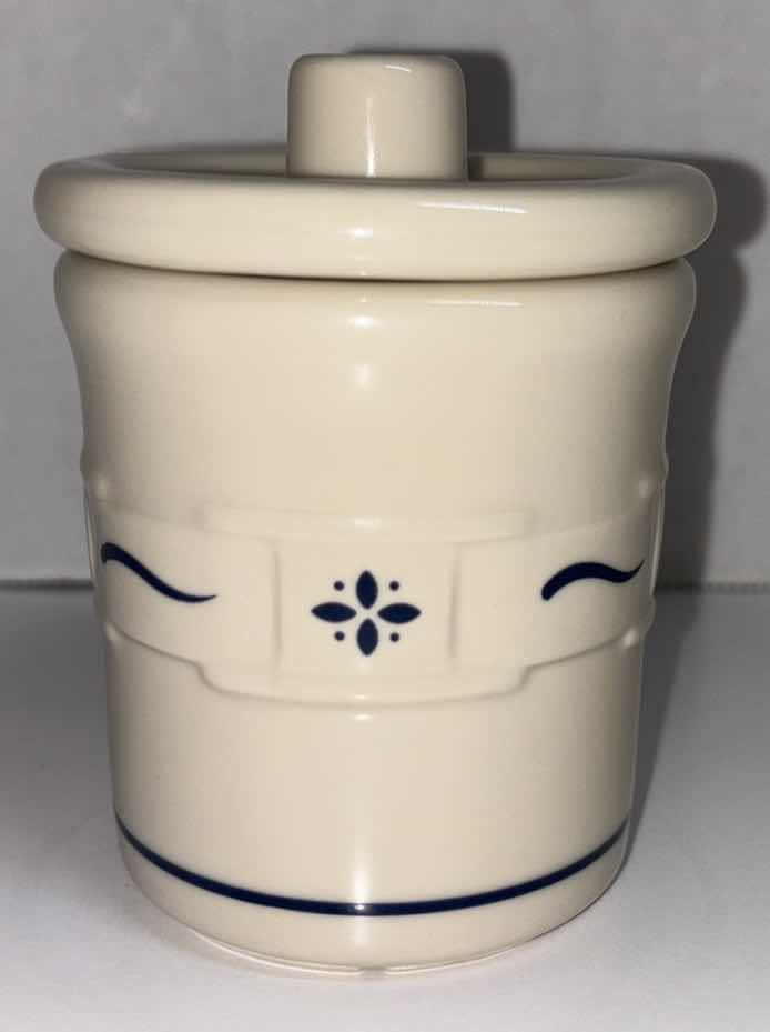 Photo 2 of LONGABERGER POTTERY WOVEN TRADITIONS CLASSIC BLUE CONDIMENT JAR & LID 3” X 4”