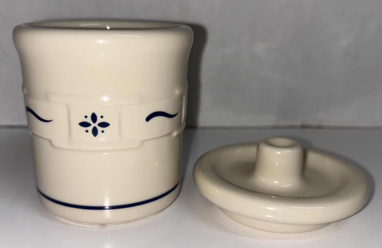 Photo 3 of LONGABERGER POTTERY WOVEN TRADITIONS CLASSIC BLUE CONDIMENT JAR & LID 3” X 4”