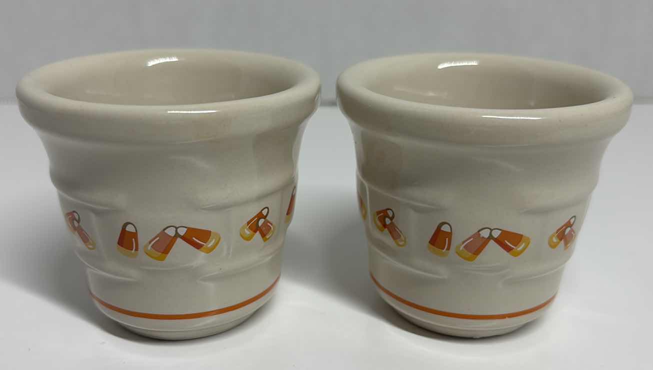 Photo 3 of LONGABERGER POTTERY WOVEN TRADITIONS HEIRLOOM CANDY CORN 1 PINT SALT CROCK 4.25” X 3.5” & PAIR OF CANDY CORN VOTIVE HOLDERS 2.75” X 2.5”