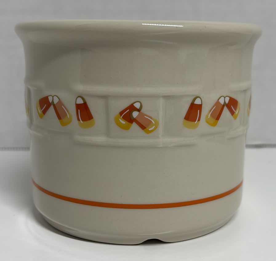 Photo 2 of LONGABERGER POTTERY WOVEN TRADITIONS HEIRLOOM CANDY CORN 1 PINT SALT CROCK 4.25” X 3.5” & PAIR OF CANDY CORN VOTIVE HOLDERS 2.75” X 2.5”