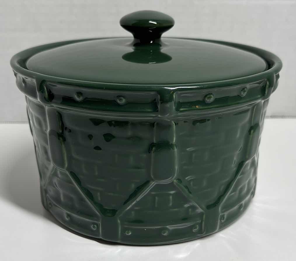 Photo 2 of LONGABERGER POTTERY WOVEN DRUM COLLECTION IN IVY GREEN 4” STORAGE CROCK & LID 7” X 5.25”