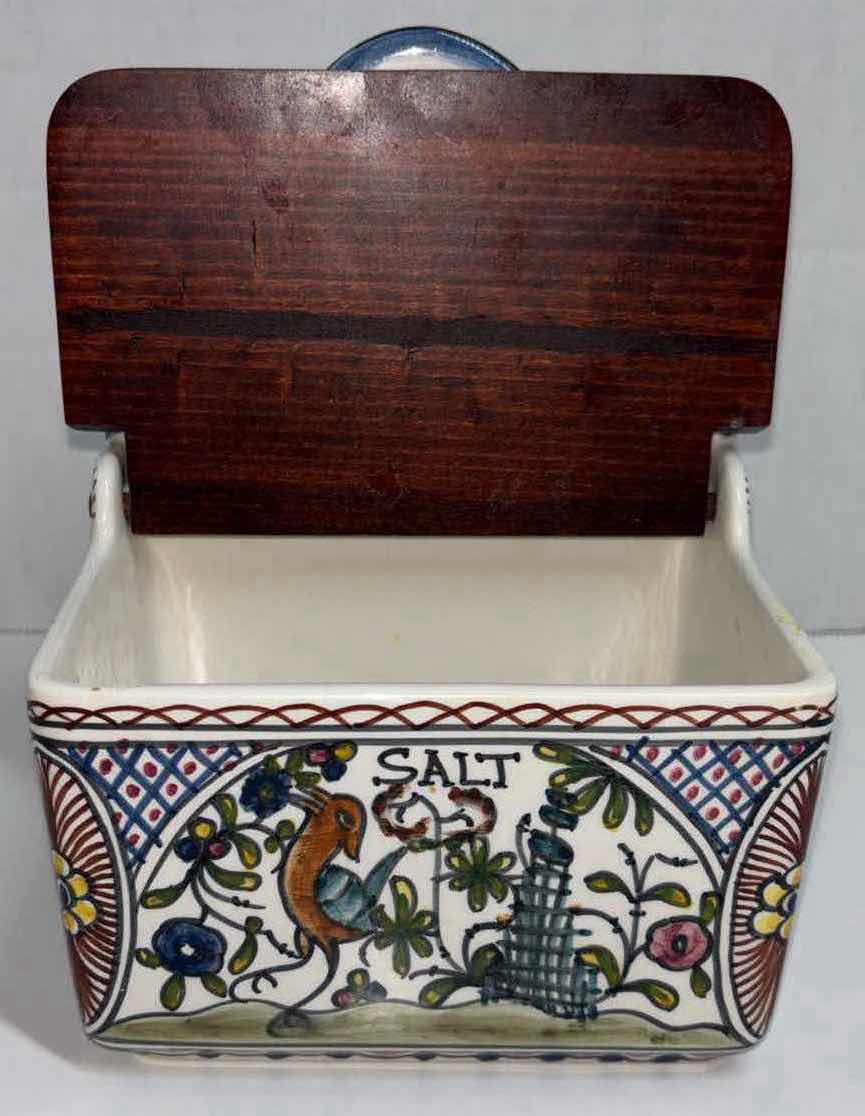 Photo 4 of WILLIAMS-SONOMA PROVENCE (CASTLE CENTER) COLLECTION CRAFTED IN PORTUGAL, SALT BOX W WOOD HINGED LID 4.5” X 6” H7.75”