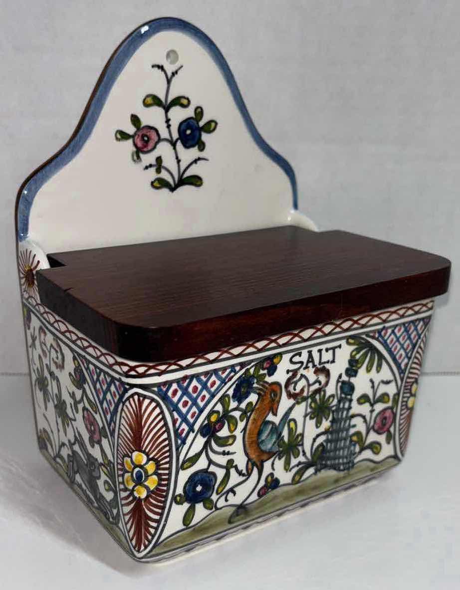 Photo 2 of WILLIAMS-SONOMA PROVENCE (CASTLE CENTER) COLLECTION CRAFTED IN PORTUGAL, SALT BOX W WOOD HINGED LID 4.5” X 6” H7.75”