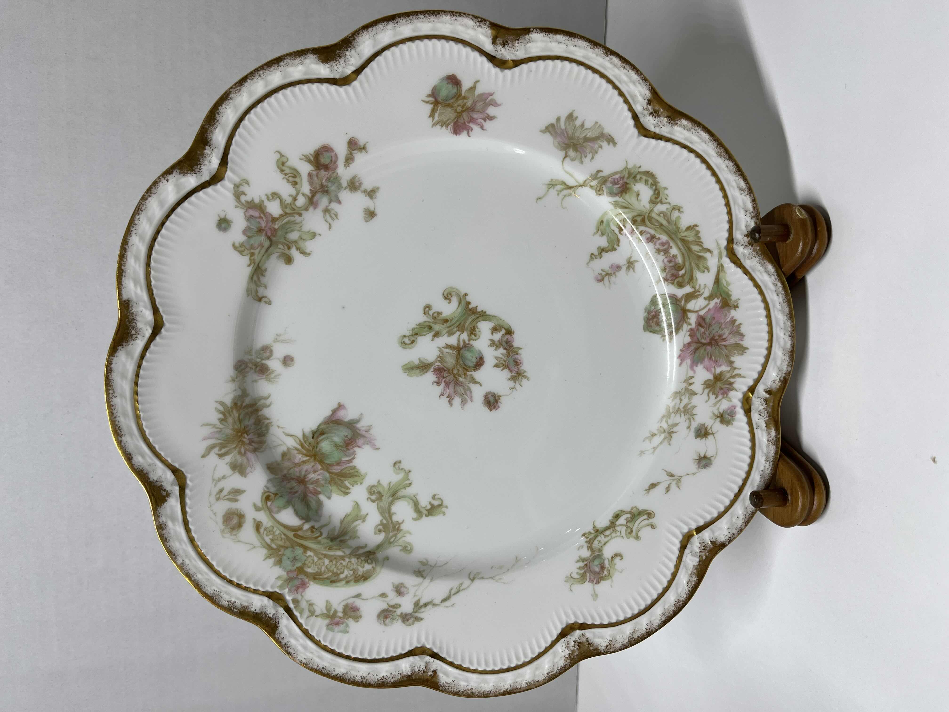 Photo 6 of ANTIQUE THEODORE HAVILAND LIMOGES FRANCE PINK, GREEN & GOLD EMBOSSED FLORAL DESIGN FINE CHINA PLATE SET (3) W WOOD DISPLAY STANDS (3)