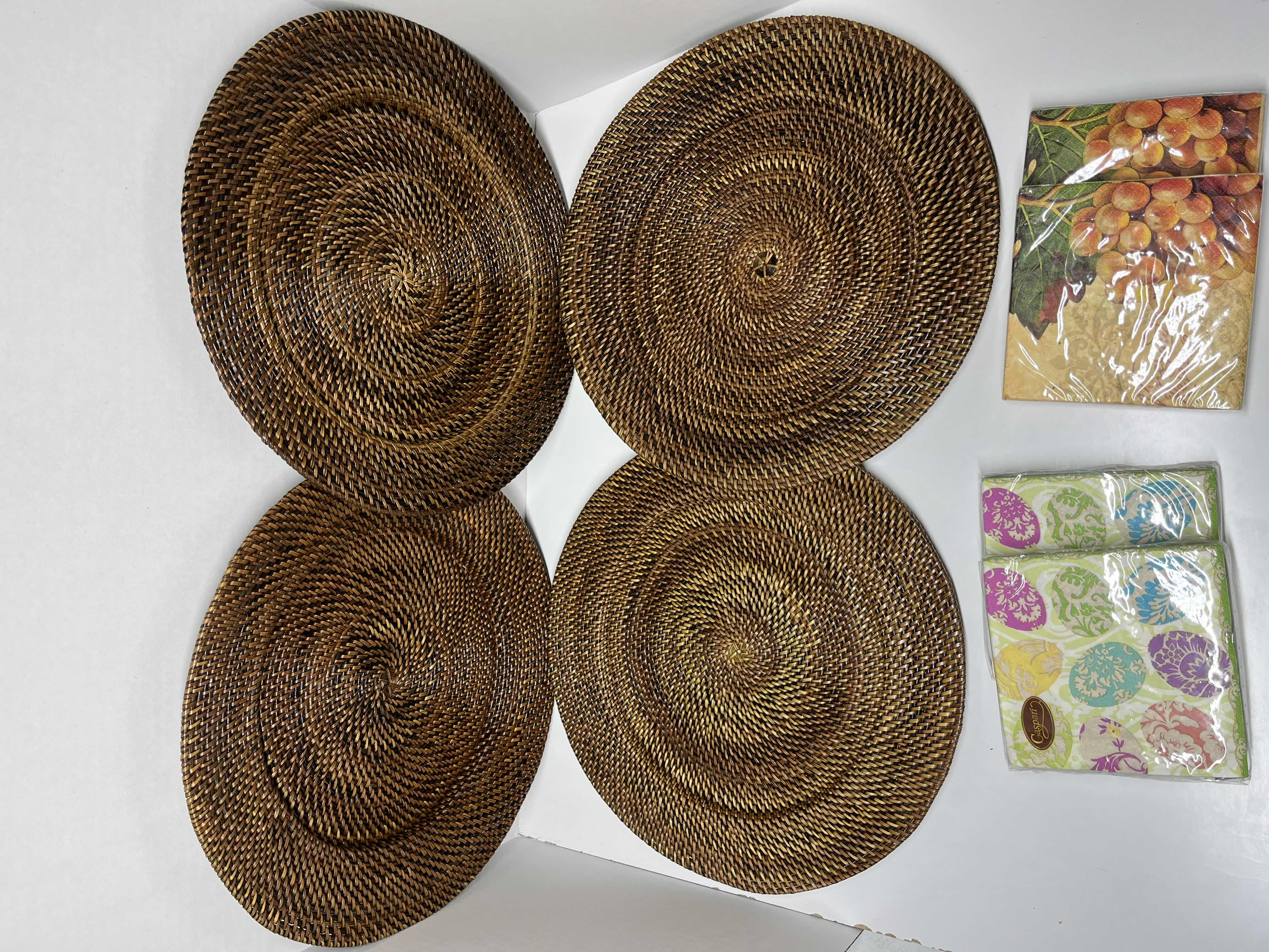Photo 1 of WILLIAMS SONOMA NITO CHARGER PLATES (4) 13” W DECORATIVE WINE NAPKINS (4)