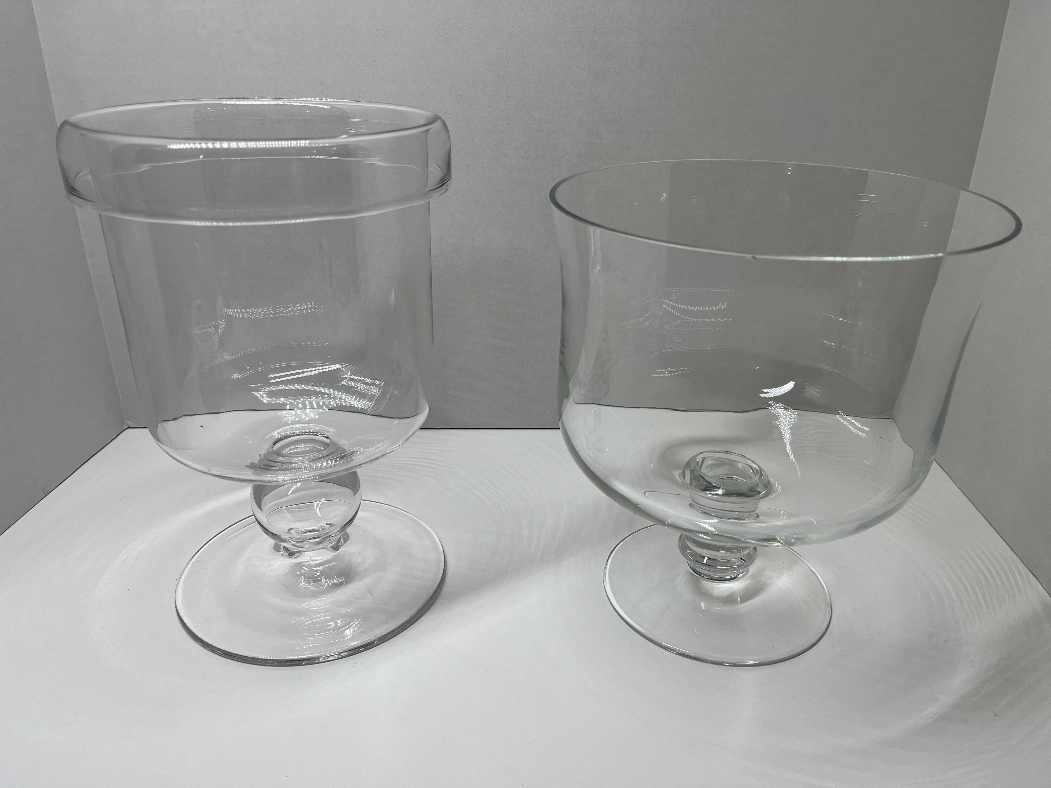 Photo 1 of CLEAR GLASS PEDESTAL VASES (2) 6.5”/7.5” X 10”/8.5”