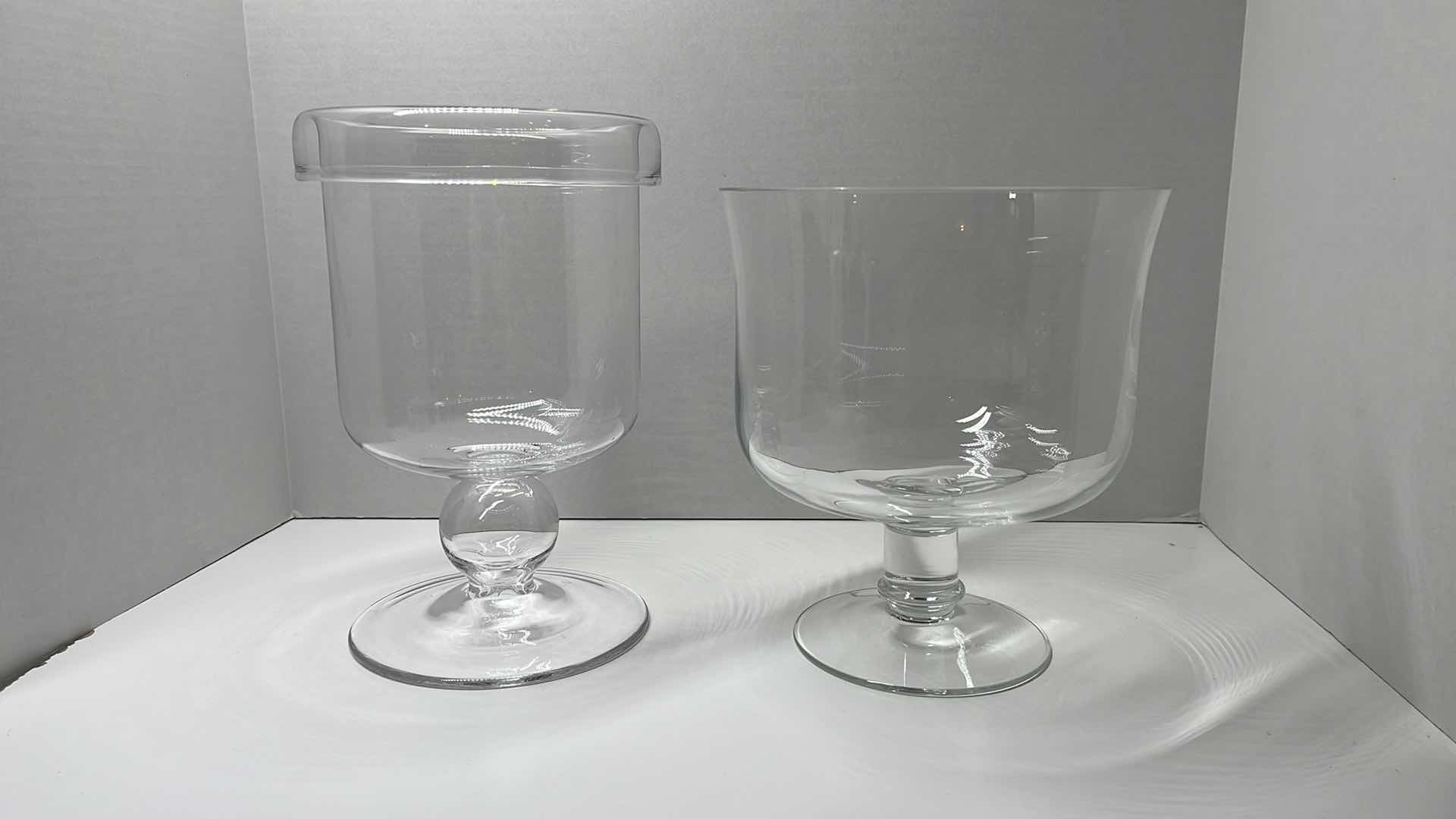 Photo 2 of CLEAR GLASS PEDESTAL VASES (2) 6.5”/7.5” X 10”/8.5”