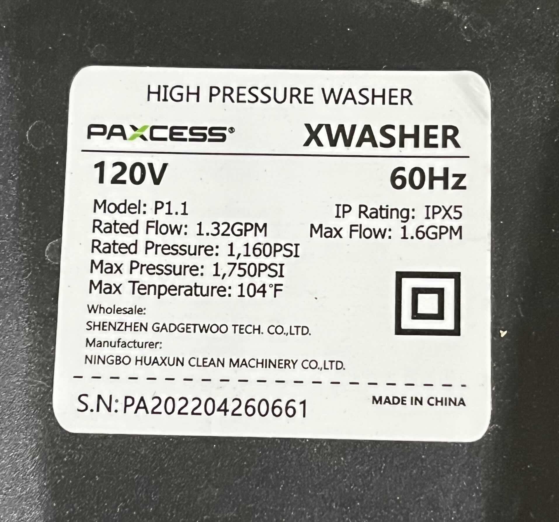 Photo 1 of PAXCESS ELECTRIC HIGH PRESSURE WASHER MODEL XWASHER