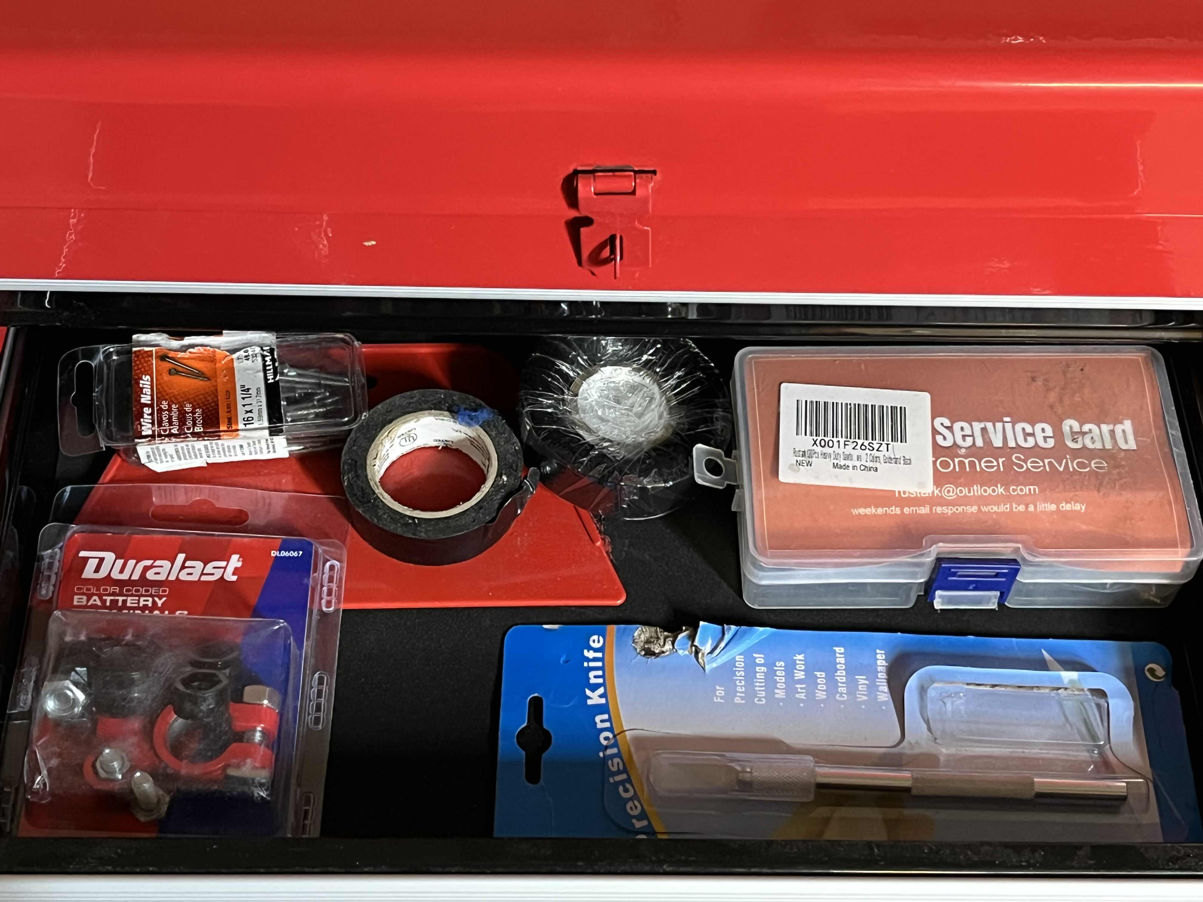 Photo 1 of RED & BLACK 5 DRAWER ROLLING METAL TOOL CHEST W VARIOUS TOOLS & HARDWARE 23” X 11” H40”