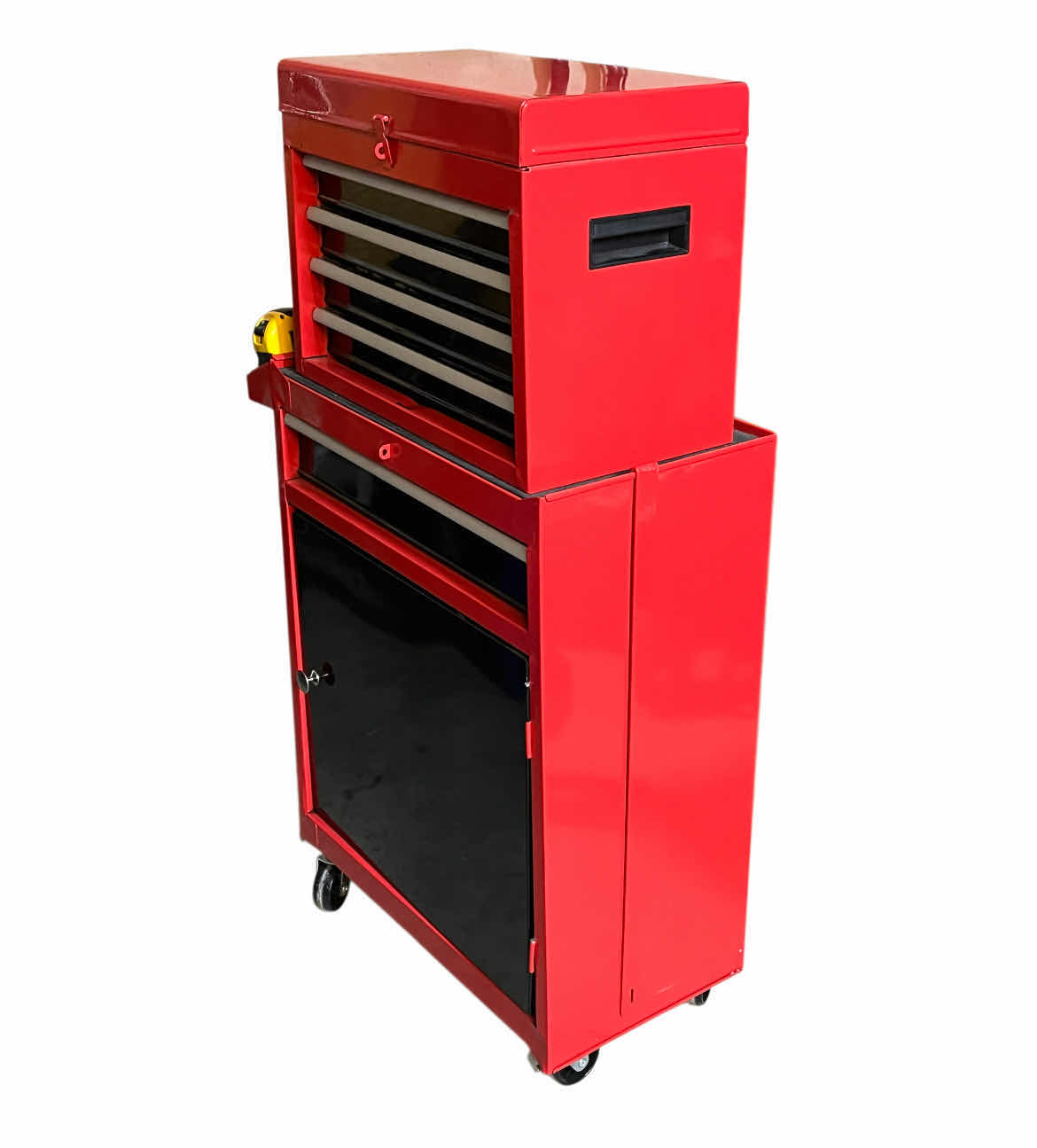 Photo 1 of RED & BLACK 5 DRAWER ROLLING METAL TOOL CHEST W VARIOUS TOOLS & HARDWARE 23” X 11” H40”