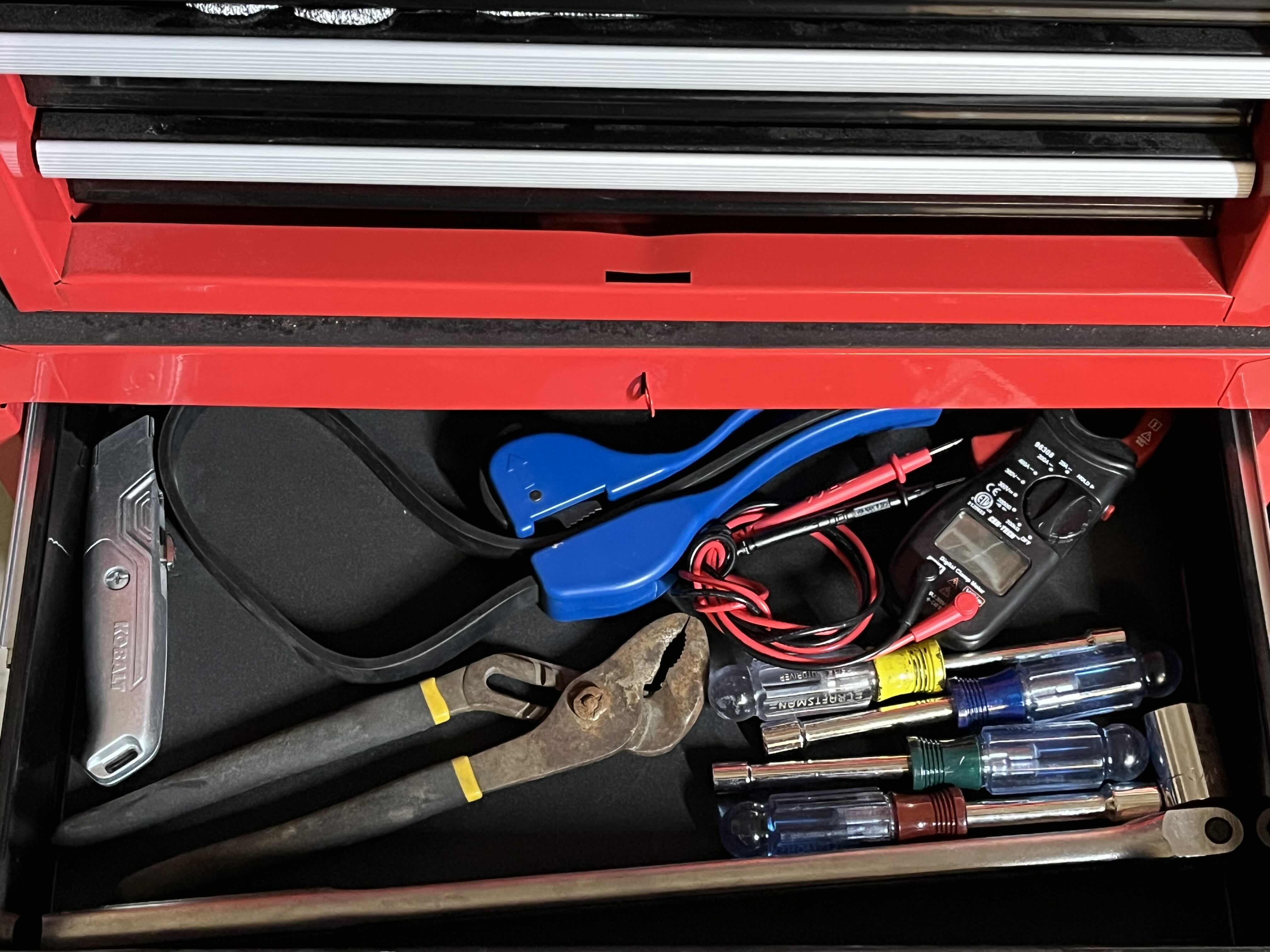 Photo 1 of RED & BLACK 5 DRAWER ROLLING METAL TOOL CHEST W VARIOUS TOOLS & HARDWARE 23” X 11” H40”