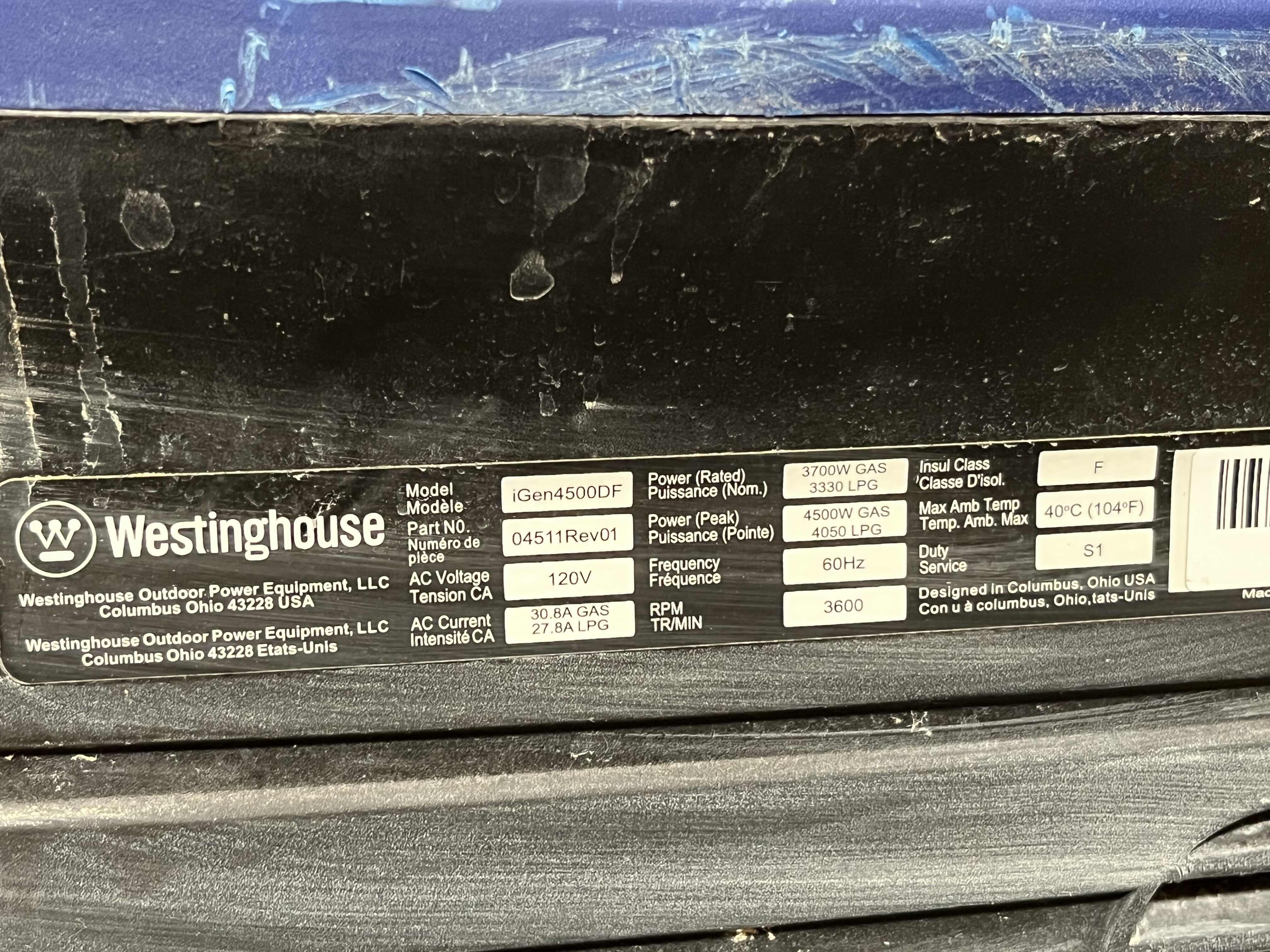 Photo 1 of WESTINGHOUSE 3700WATT ELECTRIC START DUAL FUEL INVERTER GENERATOR IGEN4500DF