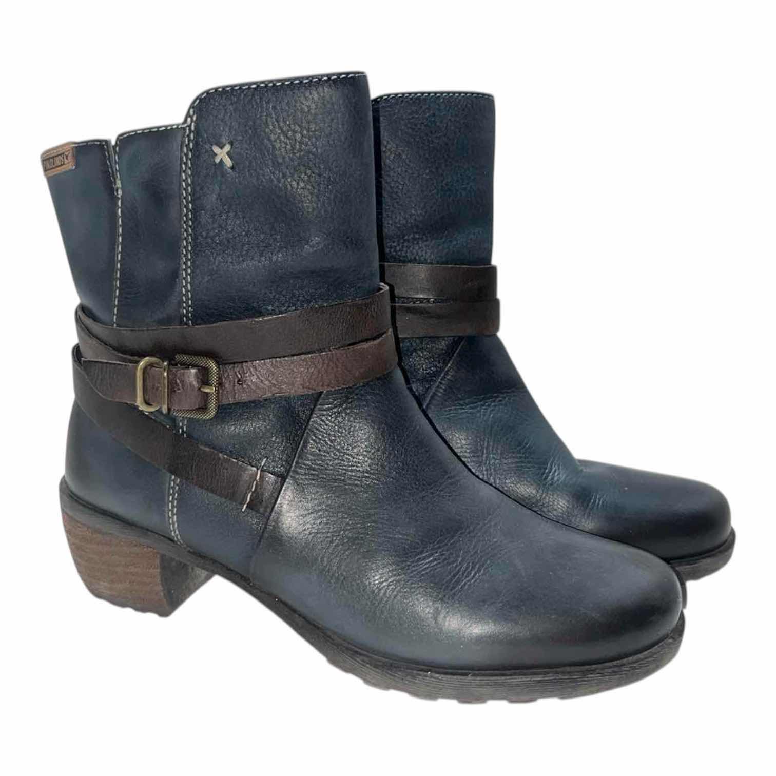 Photo 1 of PIKOLINOS BLUE GREEN/BROWN SIDE-ZIP BUCKLE STRAP ANKLE BOOTS WOMENS SIZE 8